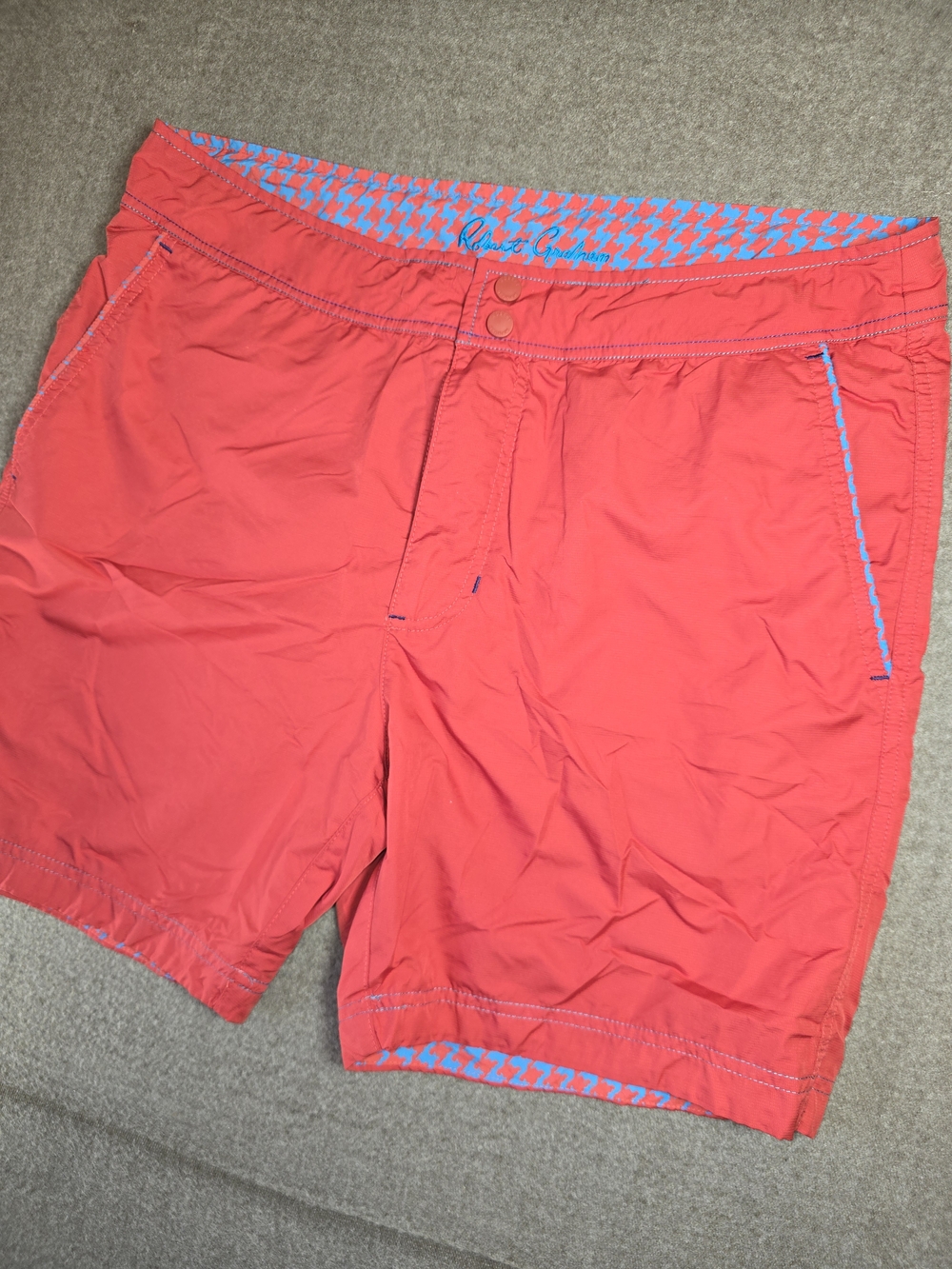 Robert Graham Red Swim Trunks with Blue Houndstooth Liner Mens 34